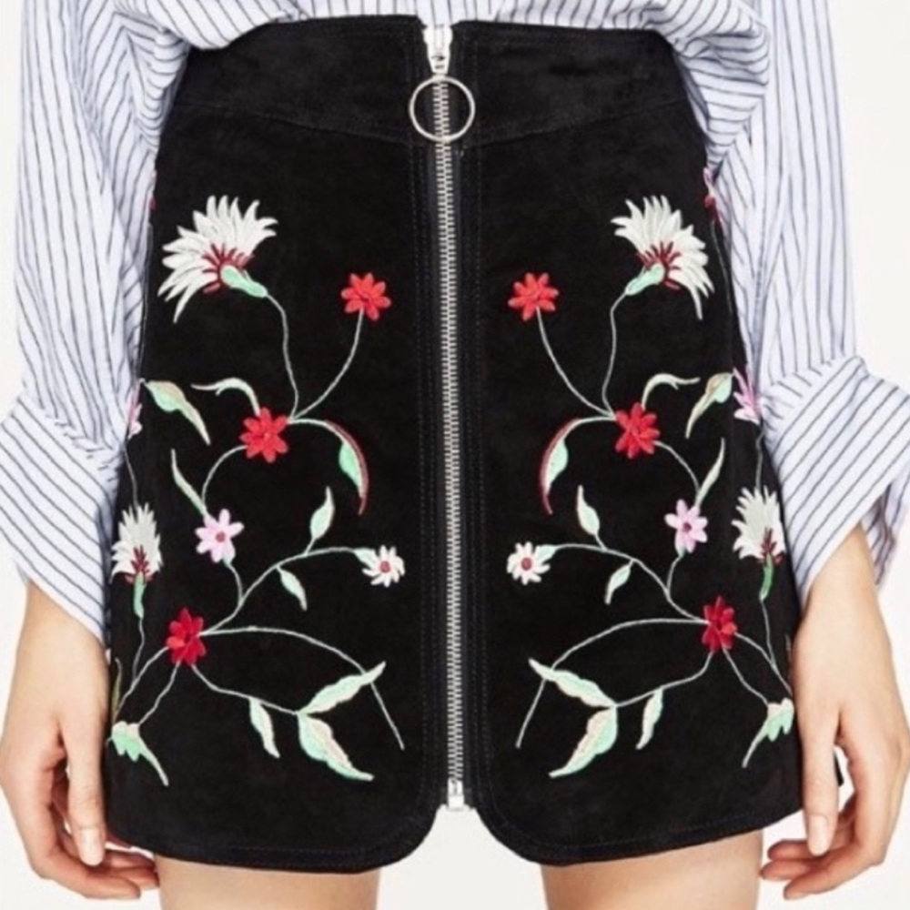 Zara - Genuine Suede Floral Embroidered Skirt